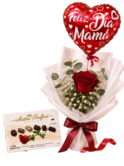 Ramo de 1 Rosa, Globo y Chocolate de 180 Grs